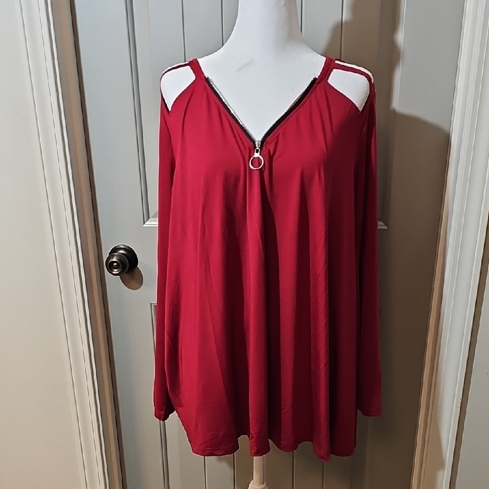 Rosegal Red Cold Shoulder Blouse with Zipper